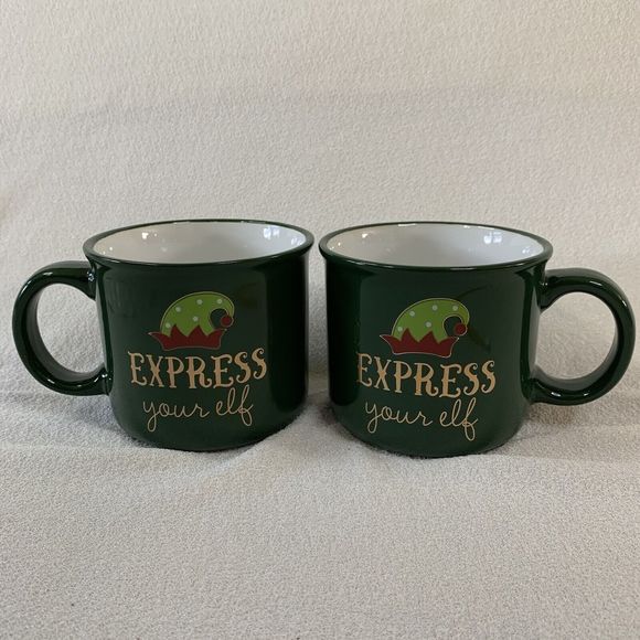 Express Your Elf Mug Green Ceramic Coffee Tea Cocoa Large 2 Pc Set Santa Helper - Picture 2 of 13